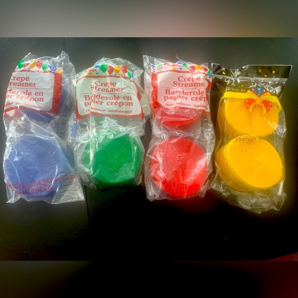 Crepe Paper Streamers, 8 rolls, red, yellow, green, blue, each roll has 70ft NWT